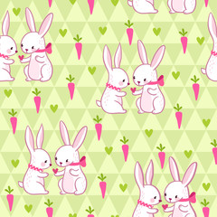 Sweet Easter pattern in vector with love bunnies and carrots. Seamless pattern can be used for wallpapers, pattern fills, web page backgrounds, surface textures.