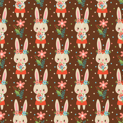 Baby background in vector with bunnies. Summer childish seamless pattern with cute rabbits holding flowers.