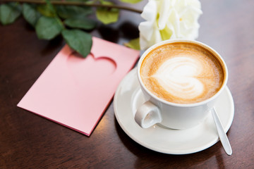 close up of greeting card with heart and coffee
