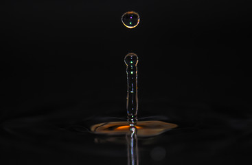 Water drop creating waves and ripples in on a dark grey background.