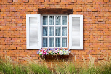 Fototapeta na wymiar Window in a red brick wall
