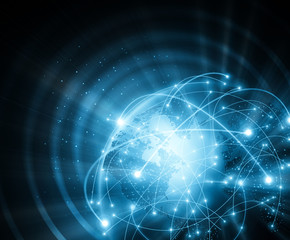 Best Internet Concept of global business. Globe, glowing lines on technological background. Electronics, Wi-Fi, rays, symbols Internet, television, mobile and satellite communications