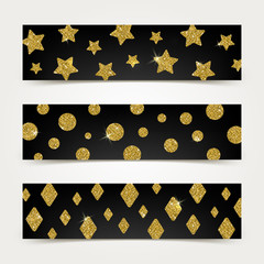 Black banners with golden glitter elements - vector illustration