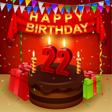 Happy 22nd Birthday with chocolate cream cake and triangular flag