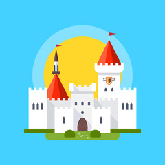 Colorful vector illustration of a medieval castle in linear flat style. 