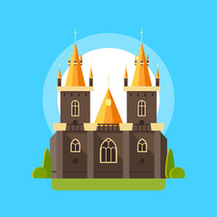 Colorful vector illustration of a gothic castle in linear flat style.
