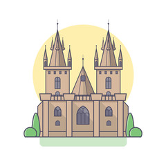 Medieval gothic castle in linear flat style. Vector isolated illustration on white background. 