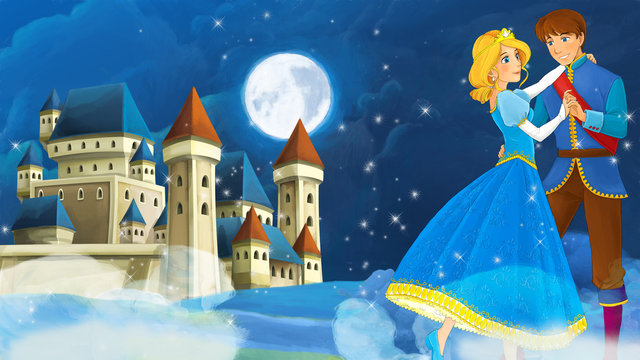 Cartoon romantic scene with royal pair - illustration for the children