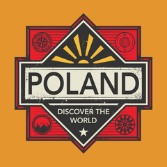 Stamp or vintage emblem with text Poland, Discover the World
