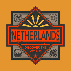Stamp or vintage emblem with text Netherlands, Discover the Worl