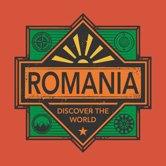 Stamp or vintage emblem with text Romania, Discover the World
