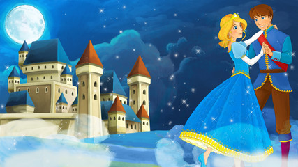 Fototapeta na wymiar Cartoon romantic scene with royal pair - illustration for the children