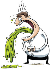 A cartoon man vomits green goo from his mouth because he's feeling sick and hungover.
