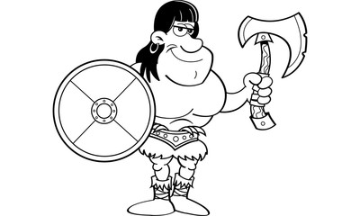 Black and white illustration of a barbarian holding a shield and an axe.