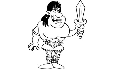 Black and white illustration of a barbarian holding a sword.