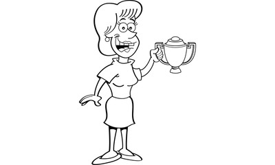 Black and white illustration of a smiling women holding a trophy.
