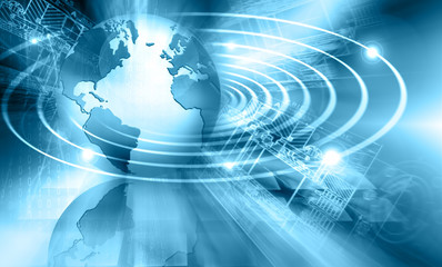 Best Internet Concept of global business. Globe, glowing lines on technological background. Electronics, Wi-Fi, rays, symbols Internet, television, mobile and satellite communications