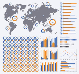 Obraz premium Vector infographics set, ring diagrams from 1 to 100 percent, more charts, world map, transport icons