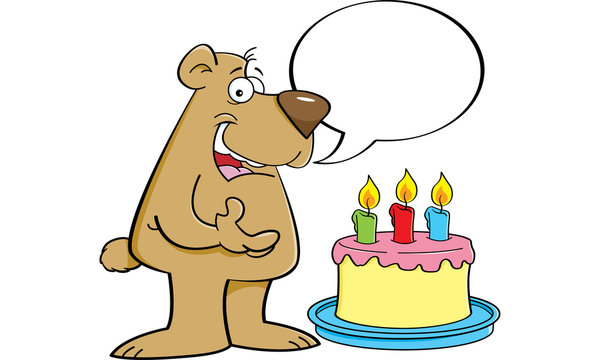 Cartoon illustration of a bear with a speech balloon and a birthday cake.