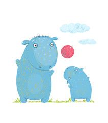 Hippopotamus parent playing ball with a child