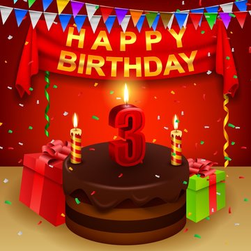Happy 3rd Birthday with chocolate cream cake and triangular flag