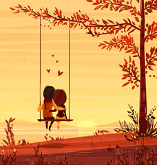 Boy and girl looking at the sunset Romantic night.. Vector cute illustration.