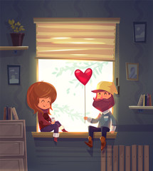 Two lovers sitting on the windowsill in an apartment. Vector cute illustration.