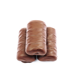 Chocolate candy bars isolated on white background, close-up