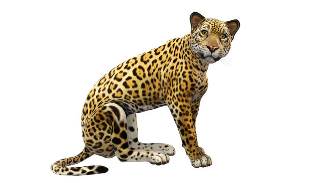 Jaguar sitting, wild cat isolated on white background