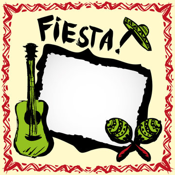 mexican fiesta frame with sombrero's, maracas and guitar