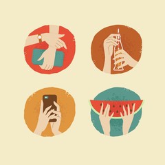 vintage looking vector female hands with accessories icons set 0