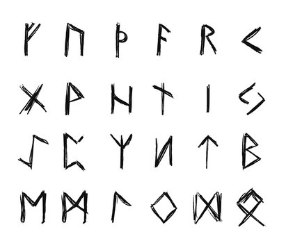 Alphabet with ancient Old Norse runes (Futhark) Set of 24 scandinavian and germanic letters on square white landscape background.