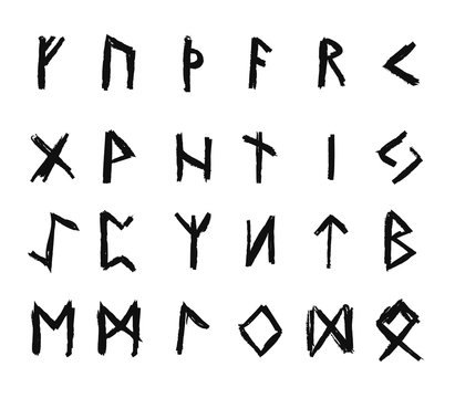 Alphabet with ancient Old Norse runes (Futhark) Set of 24 scandinavian and germanic letters on square white landscape background.