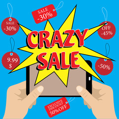 Obraz premium Mobile phone with crazy sale banner.
