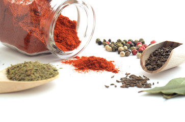 Red pepper, cumin, colorful pepper and bay leaves