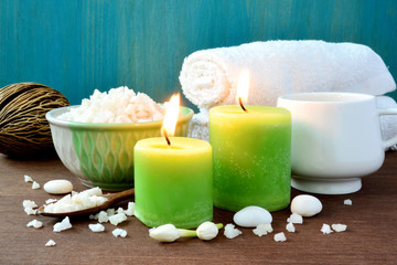 Spa set candles, towel and bath salt.