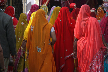 Inde, femmes en sari lors d'une fête religieuse à Udaipur au Rajasthan