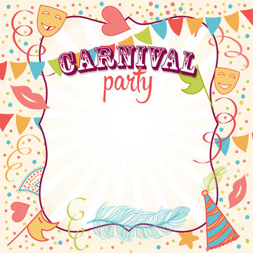 Carnival Party background with Masks, Hats, Stars, and more objects.