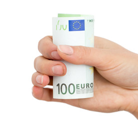 one hundred euro in hand on a white background