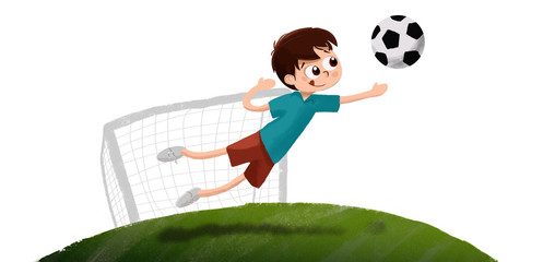 Dibujo de un niño parando un gol en una portería jugando al fútbol. Está haciendo deporte de noche. El balón vuela hacia sus manos.