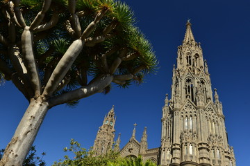 Arucas Cathedral, Gran Canaria, Spain.  Wide angle image of the town Gothic church, on the North of the island.
