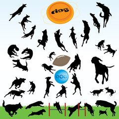 dogs silhouette part 1 of 3 : happy dog's play - obrazy, fototapety, plakaty
