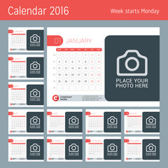 Calendar for 2016 Year. Vector Design Calendar Template with Place for Photo. Week Starts Monday. Set of 12 Months.