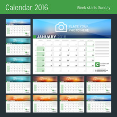 Calendar for 2016 Year. Vector Design Calendar Planner Template with Place for Photo. Week Starts Sunday. Set of 12 Months.