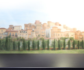 Table Top And Blur Building Of Background