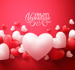 Realistic 3D Colorful Red and White Romantic Valentine Hearts Background Floating with Happy Valentines Day Greetings. Vector Illustration
