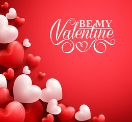 Realistic 3D Colorful Soft and Smooth Valentine Hearts in Red Background with Happy Valentines Day Greetings. Vector Illustration
