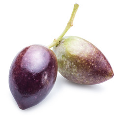 Half-ripe (semi-ripe) fresh olives with leaves.