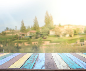 Table Top And Blur Building Of Background