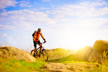 Cyclist Riding the Bike on Morning Mountain Trail